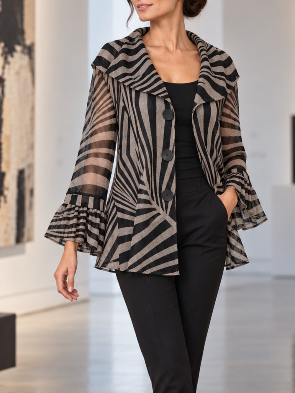 Damee Swing Jacket Black Gray Abstract Sheer Mesh Ruffle Collar Artwear XL